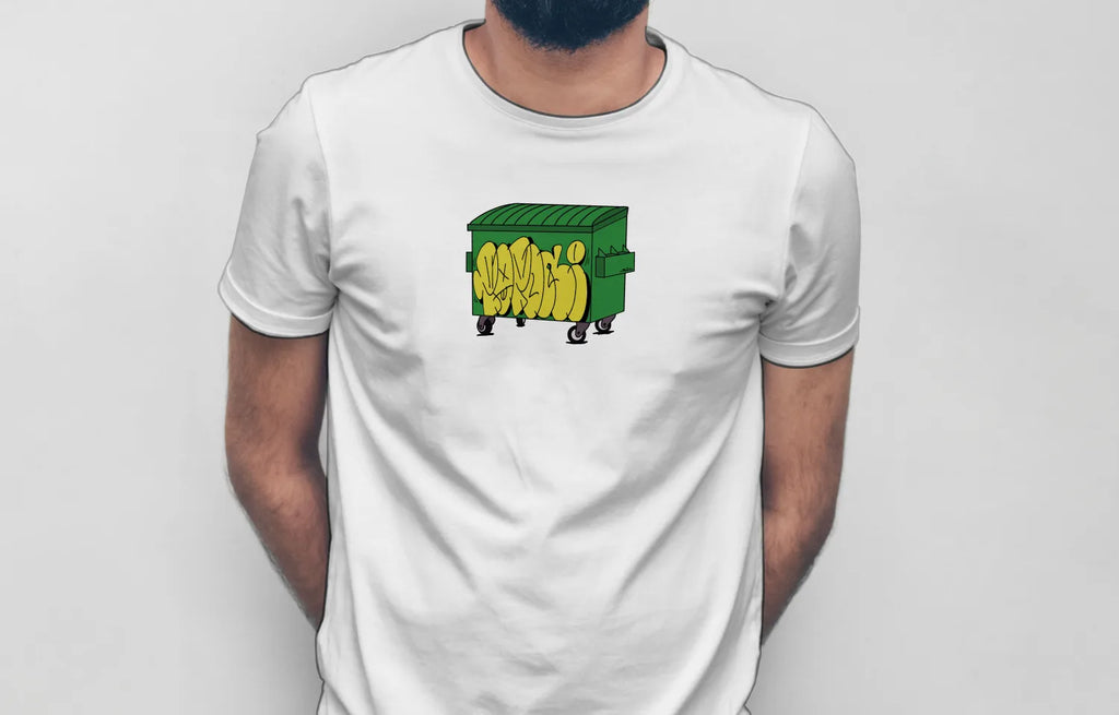 Brkasa Tee worn — the green and yellow dumpster print centred on the chest