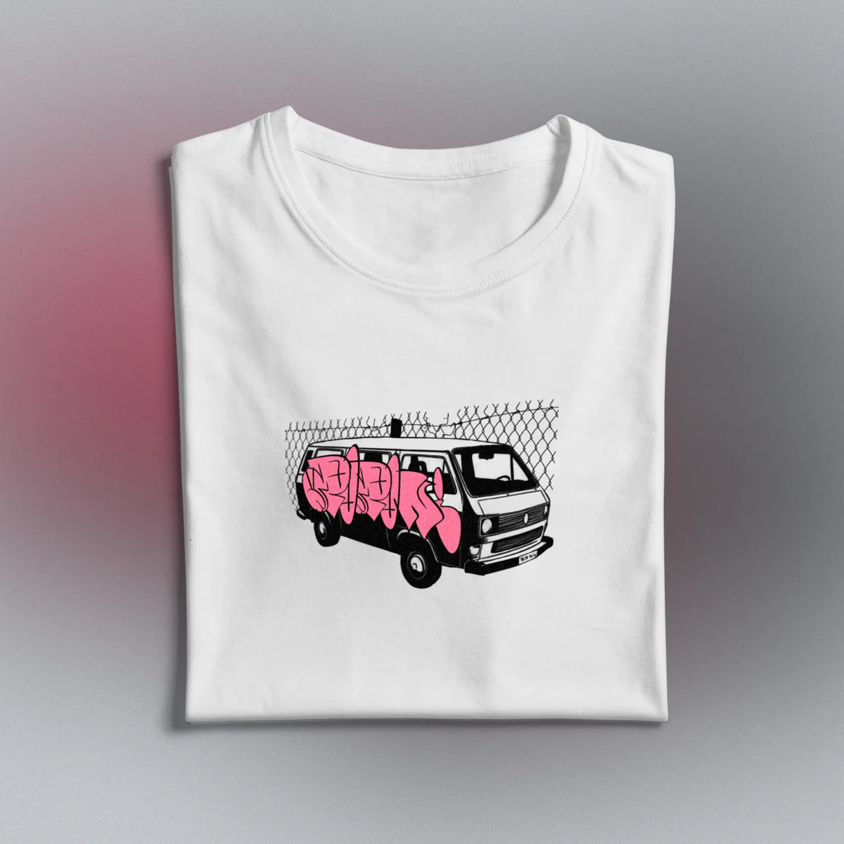 Pink Van Tee folded, the van print across the chest