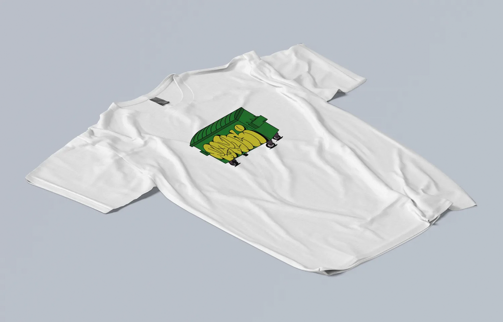 Brkasa Tee laid flat at an angle, dumpster graphic on the chest