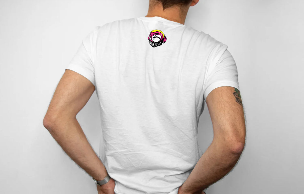 Brkasa Tee worn, from behind — the Poponi character logo below the collar