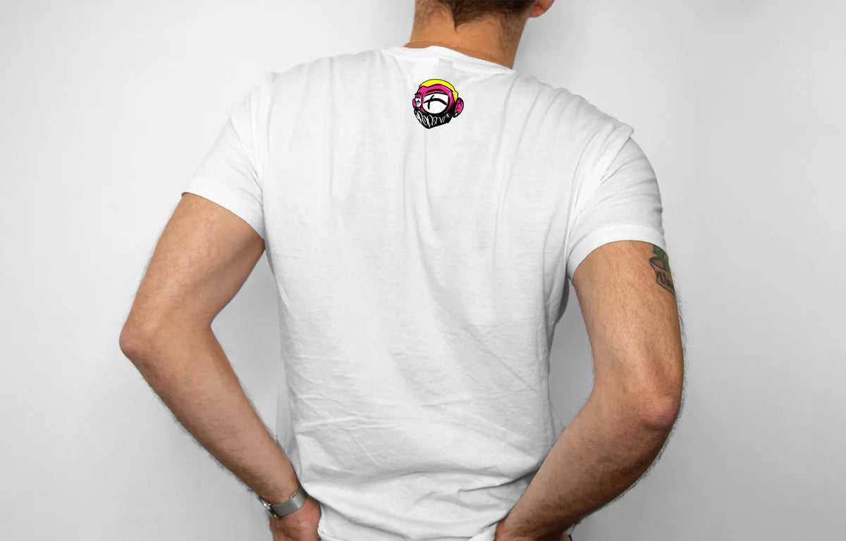 Pink Van Tee worn, from behind — the Poponi character logo below the collar