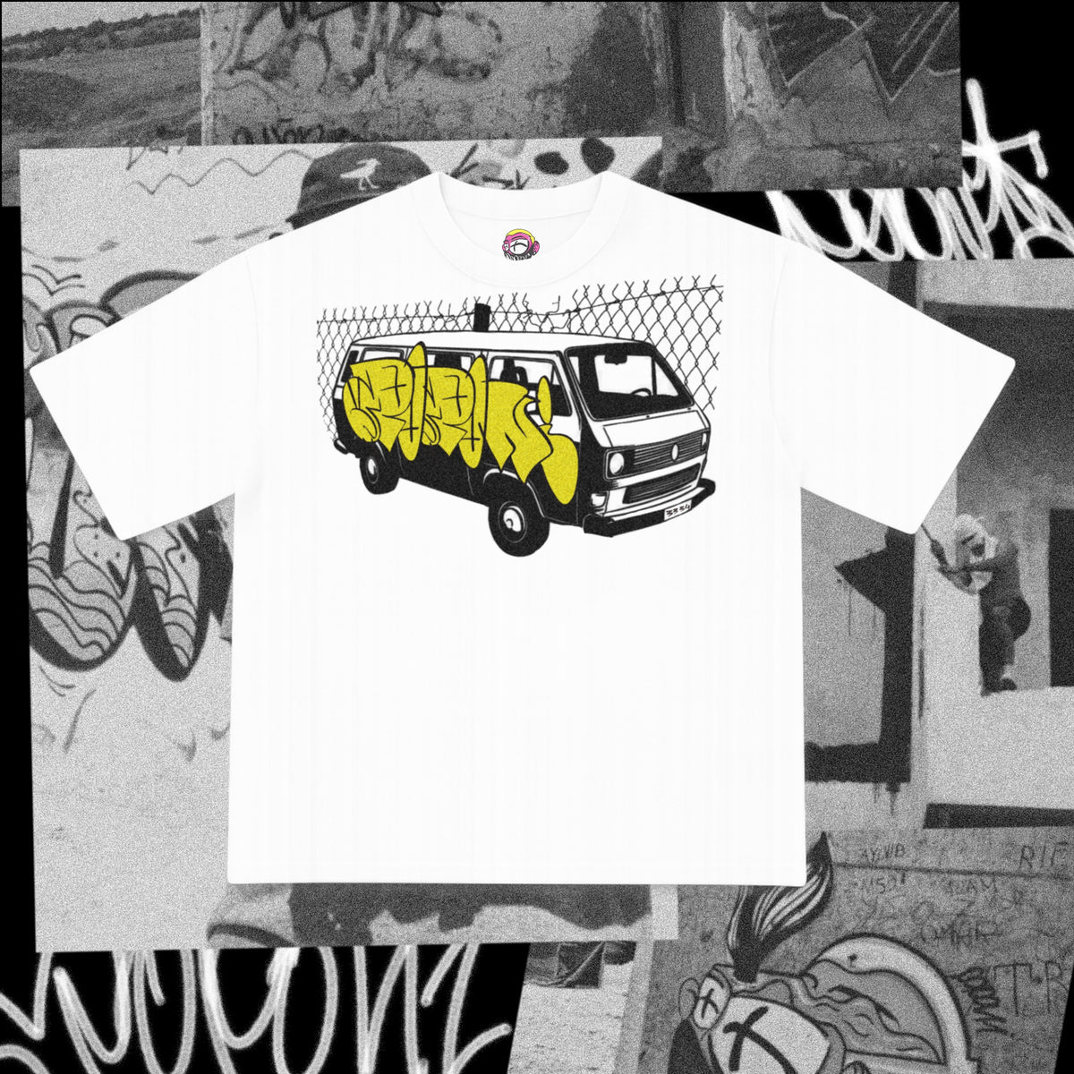 Yellow Van Tee — white tee with a black-line panel van against chain-link and yellow graffiti letters along its side