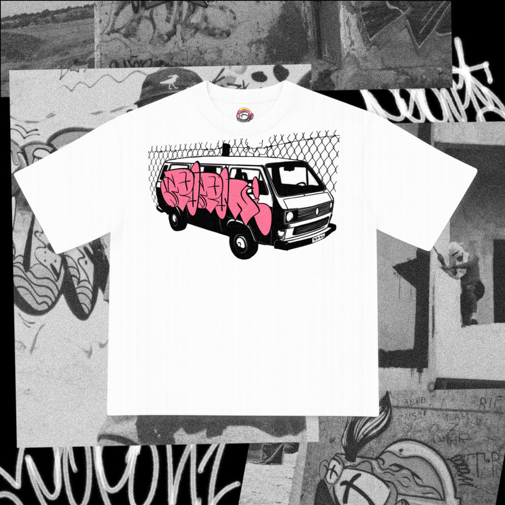 Pink Van Tee — white tee with a black-line panel van against chain-link and hot-pink graffiti letters along its side